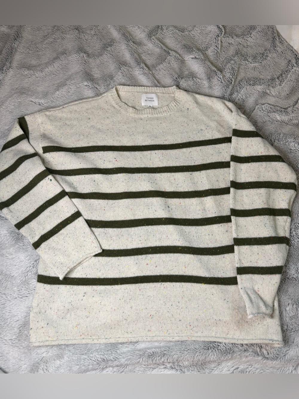 Things Between cream relax fit sweater with olive green horizontal stripes small